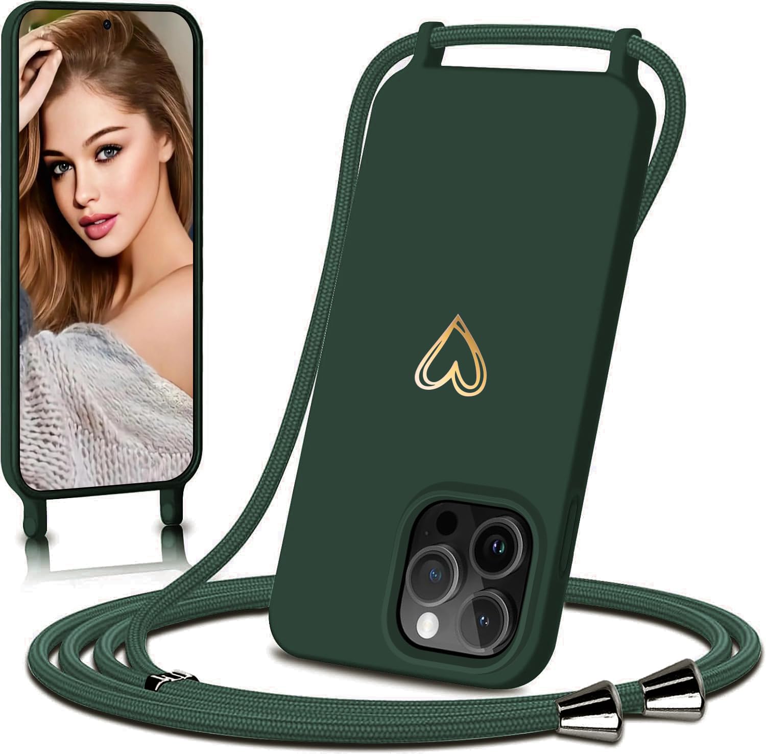 Eherui Mobile Phone Chain Case for iPhone 16 Pro Max, Green, Heart Pattern, Shock-Absorbent, TPU Material