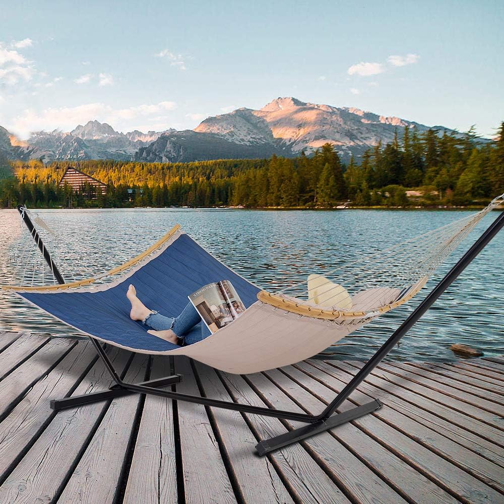 Patio Watcher 11 Feet Quilted Fabric Hammock with Curved-Bar Bamboo and Detachable Pillow, Double Hammock Perfect for Patio Yard Dark Blue : Garden & Outdoor
