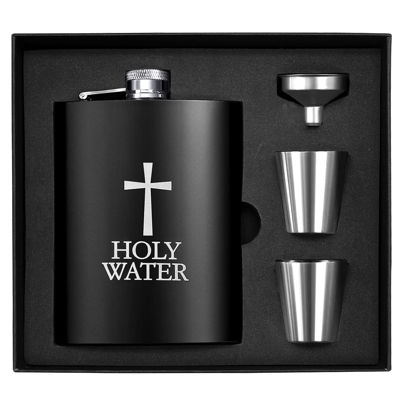 Hip Flask Set, Wieat 8oz Engraved Holy Water Stainless Steel Whisky Hip Flask Gift Box, Groomsmen/Usher Gifts for Wedding, Hip Flasks Gift for Men and Women (with 1xFunnel, 2xCups)