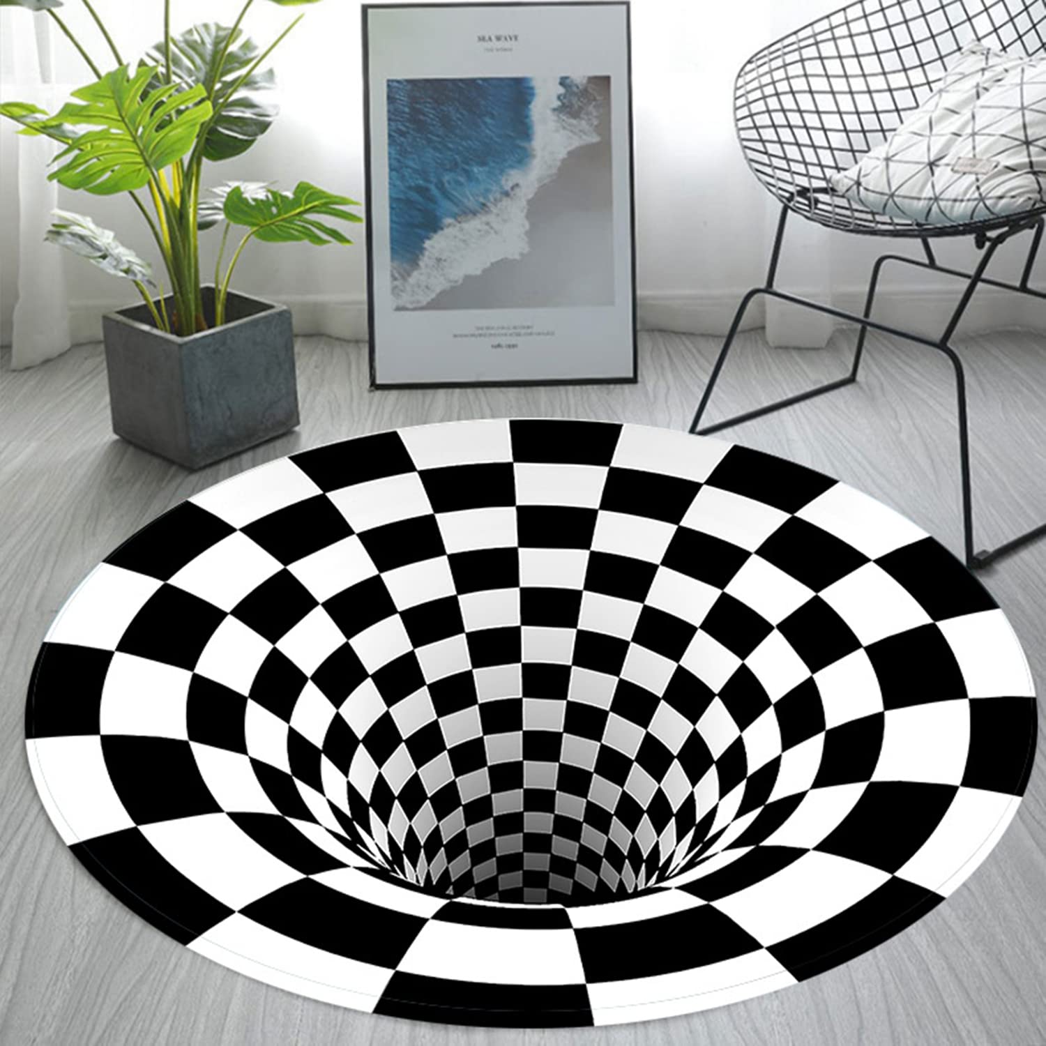 wahome 3D Illusion Doormat Trap Floor Mat Dog Vertigo Carpet Black White Lattice Round Rug (A)