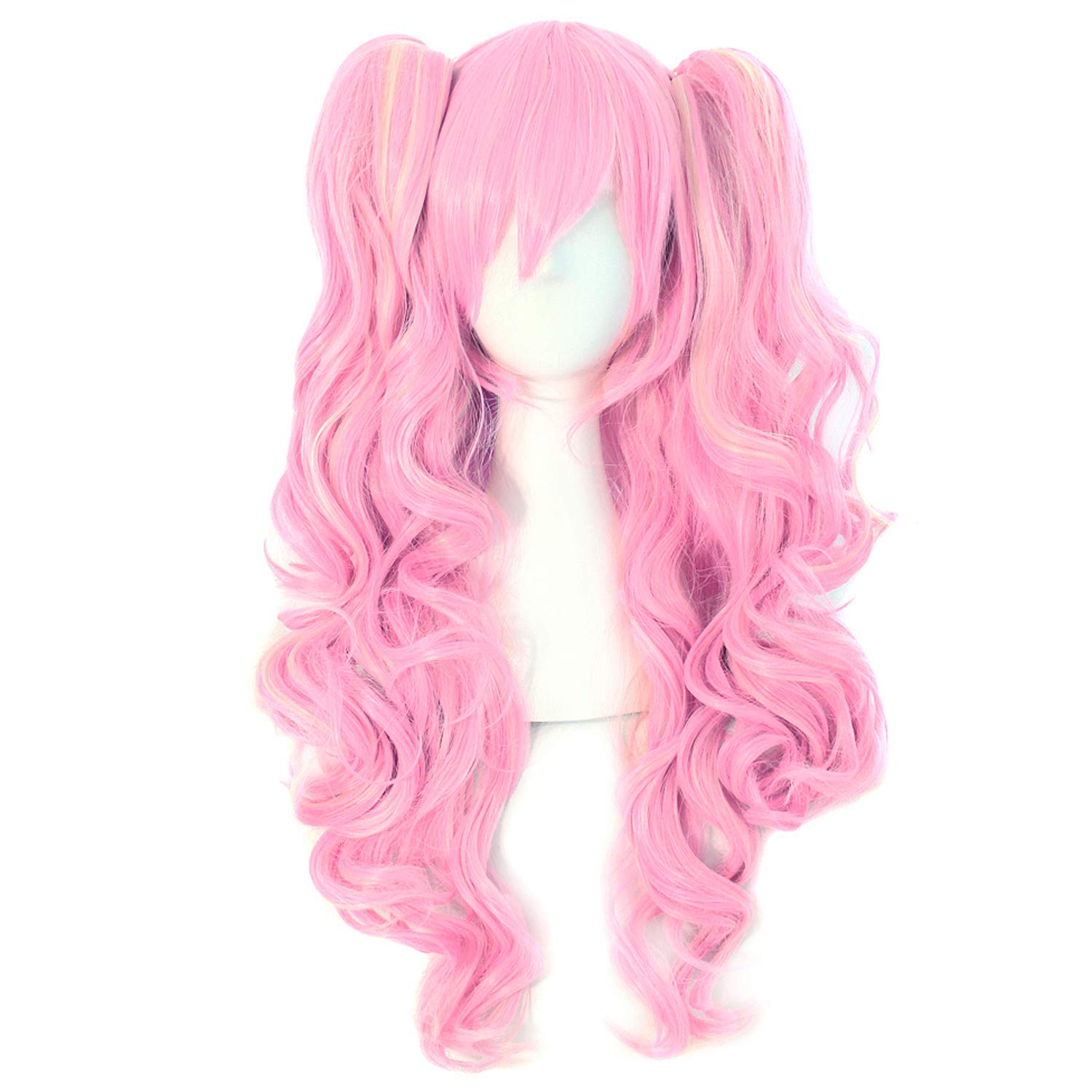 MapofBeauty Multi-color Lolita Long Curly Clip on Ponytails Cosplay Wig (Pink/Blonde)(Size: Free Size)