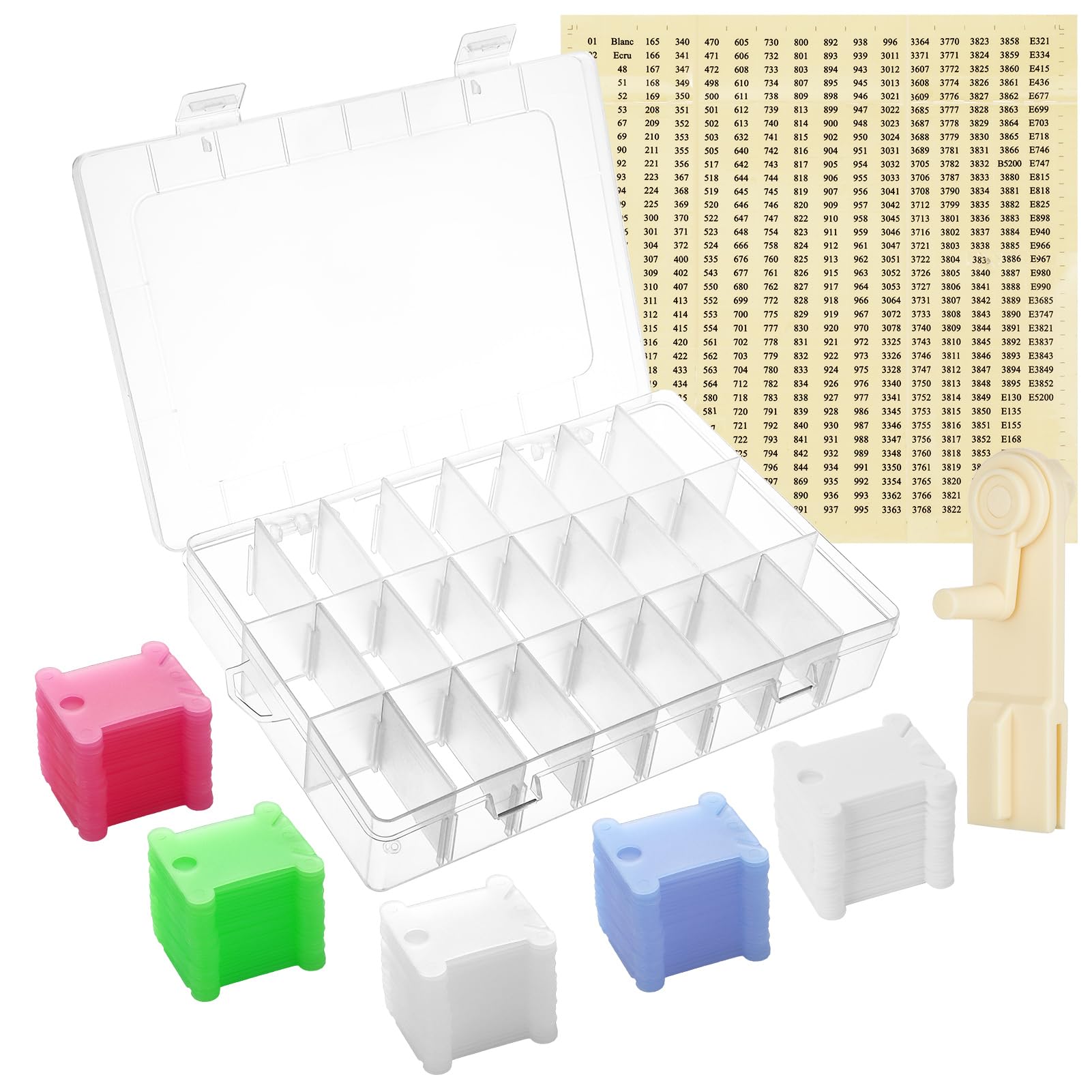 Opopark 153 Pcs Embroidery Thread Organiser Set, Cross Stitch Accessories, Colored Plastic Floss Bobbins Thread Storage Box with Bobbin Winder Floss Number Stickers for DIY Craft Sewing