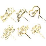 6pcs Happy Anniversary Cake Topper, Gold Sliver Wedding Anniversary Acrylic Cake Toppers, Happy Anniversary Party Decorating