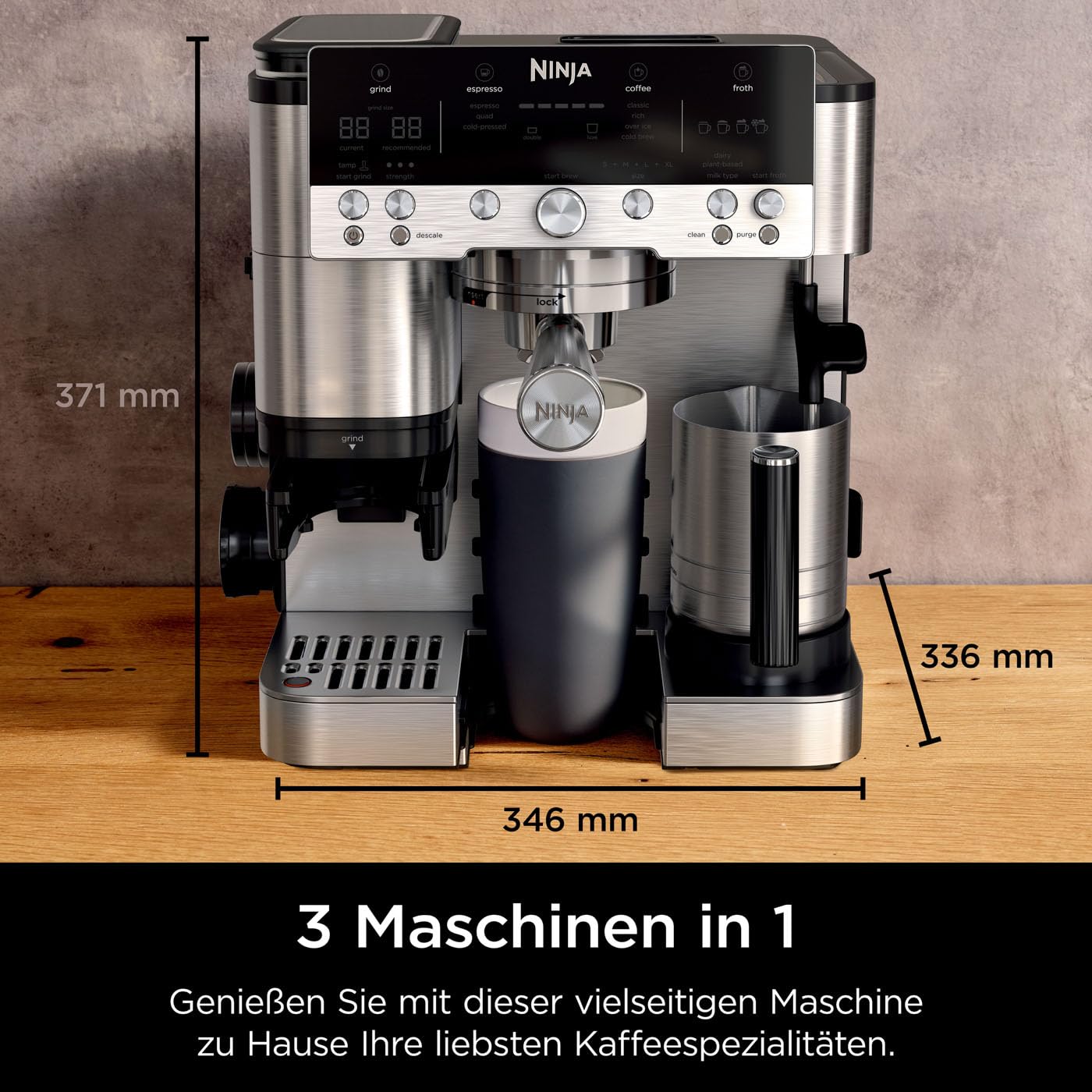 Ninja Luxe Premier 3-in-1-Kaffeemaschine mit Mahlwerk und Aufschäumer für Latte, Cappuccino, Cold Brew & Espresso, einfache Handhabung, 4 Voreinstellungen zum Aufschäumen, Silber, ES601EU 2