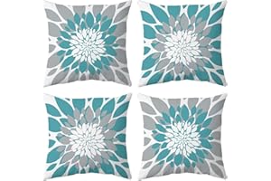 Qahing Pack of 4 Outdoor Waterproof Pillow Covers 24x24 Decorative Outdoor Throw Pillows Garden Square Cushion Cases for Patio Furniture, Couch, Tent Sunbrella, Bench, Teal Turquoise Grey
