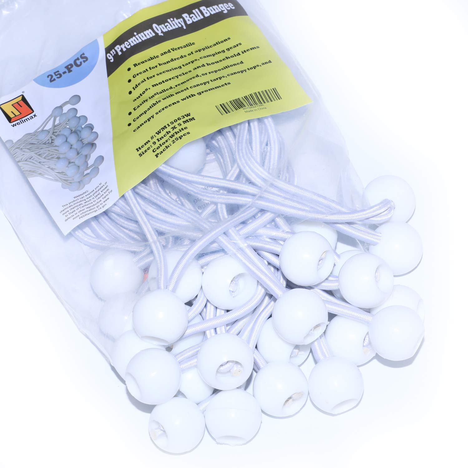 9 inch 25 Piece Heavy Duty 5mm Ball Bungee Canopy Cord by Wellmax, White Color