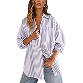 Womens Button Down Shirts Striped Classic Long Sleeve Collared Office Work Blouses Tops with Pocket