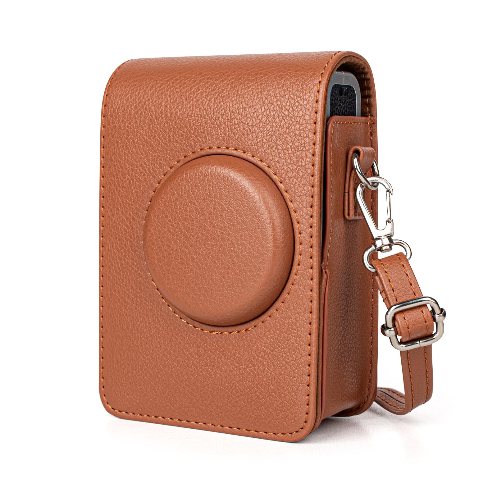 MUZIRI KINOKOO Mini EVO Camera Case Compatible for Fuji Instax Mini EVO Instant Camera with Adjustable Shoulder Strap in Brown Lychee Texture Vertical Style