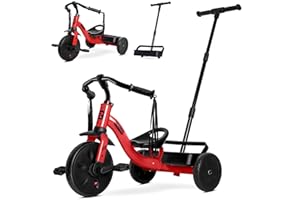 RIDYEE 2-in-1 Tricycle for Toddlers Ages 1.5–3, Trike with Extended Push Handle, Removable Wagon-Style Basket, Adjustable Handlebar with Tassels, and Fore-AFT Adjustable Seat, Red