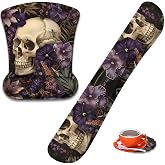 Mouse Wrist Rest and Keyboard Wrist Rest Pad+ Coaster Set, Non-Slip Rubber Base Smooth Surface Ergonomic Gaming Mouse Pad for Easy Typing and Pain Relief, Flowers and Skulls