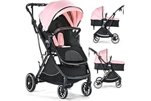 TODEFULL Baby Stroller, 3 in 1 Folding High Landscape Infant Stroller & Convertible Bassinet Pram for Newborn, Portable Baby Carriage Pushchair with Adjustable Canopy, Cup Holder, Storage Basket, Pink
