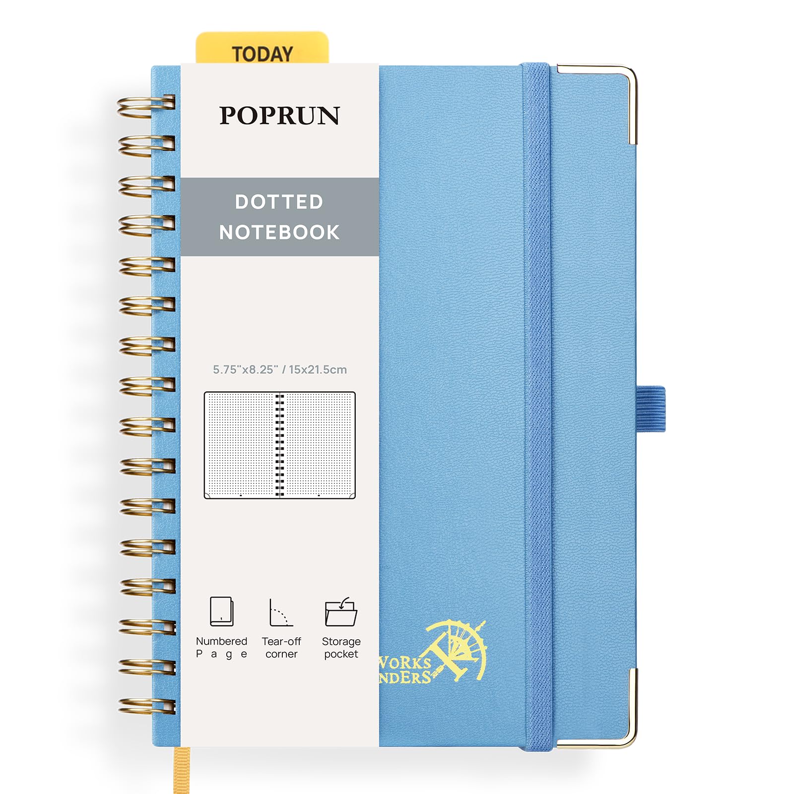 POPRUN Spiral Bullet Dotted Journal Notebook, [A5 Size] - 120 Gsm Thick Paper, 141 Numbered Pages, Wirebound Notepad for Men & Women with Pocket, Index Tabs, 8 Perforated Sheets, Haze Blue