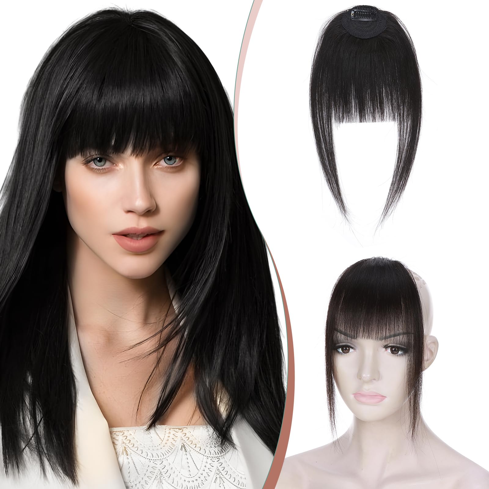 Elailite Clip in Bangs Neat Fringe with Temples Real Natural Human Hair Extensions Clip on For Women - #1B Natural Black — image 1