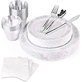 FULING 175 Pieces Silver White Dinnerware Set For 25 Guest Disposable Tableware Plastic Cutlery 5-Sets, With 12oz Cups, Knife, Fork, Spoon, Dinner Paper Each 25 Pieces For Wedding, Birthday, Party