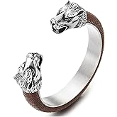COOLSTEELANDBEYOND Mens Steel Wolf Head Open Cuff Bangle Bracelet Inlaid with Brown Leather, Elastic Adjustable