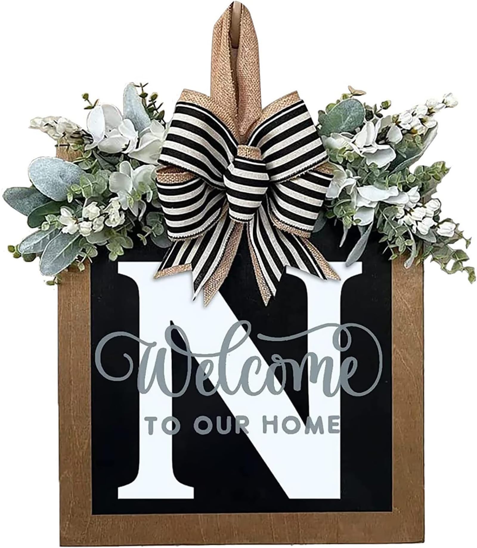 Last Name Year Round Front Door Wreath Front Porch Decoration 26 Letter Welcome Sign with Eucalyptus Garland and Bow Spring Wreaths for Front Door Outside Hanger Garland (N)