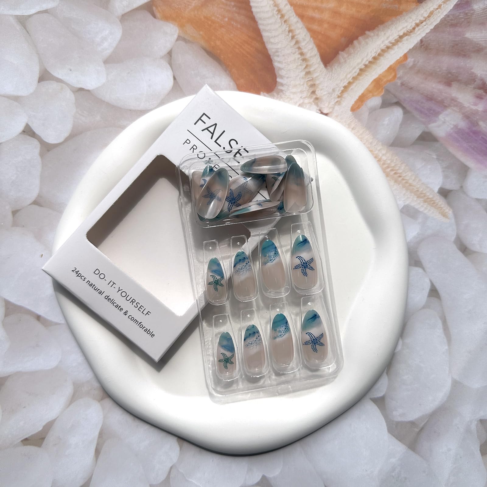 Almond Press On Nails Medium Length Fake Nails Full Cover False Nails with Beach Waves Starfish Design Glossy Summer Glue on Nails Cute Blue Nail Tips Acrylic Stick on Nails for Women Girls Manicure - Image 6