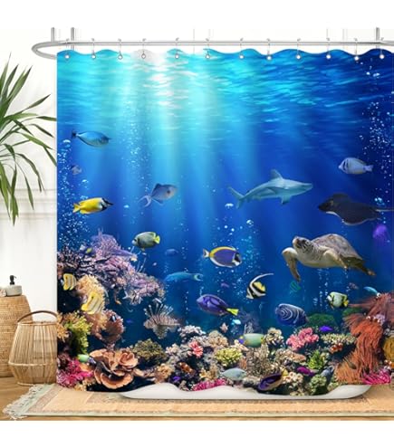 Ocean Decor Shower Curtain - Underwater Blue Waves Seascape Print, 72x72 Inches With Hooks