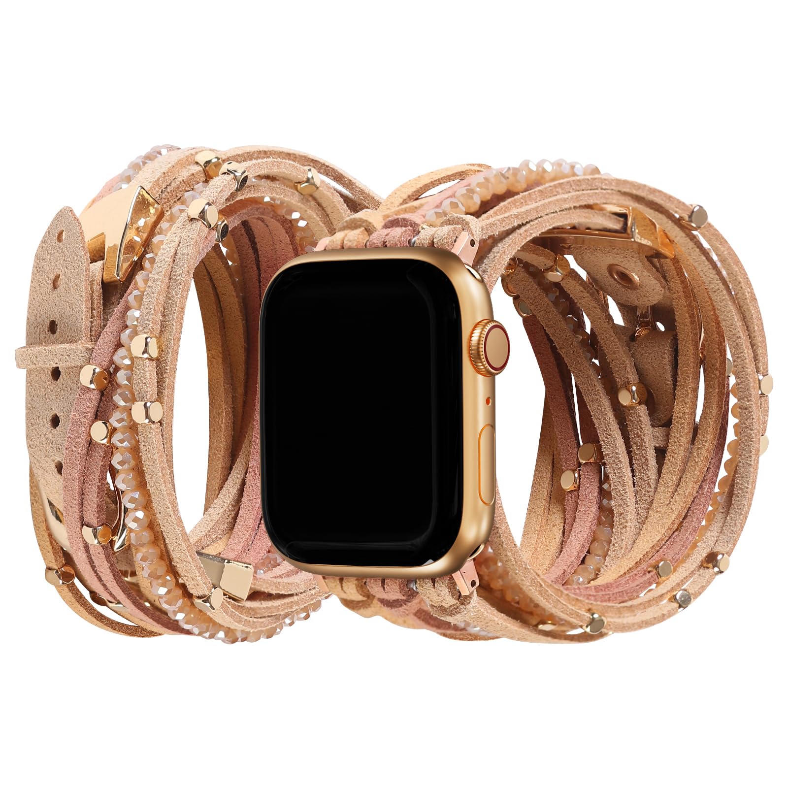 Photo 1 of Fashion Multilayer Wrap Suede Strap Compatible with Apple Watch Bracelet for Women 38mm/40mm/41mm 42mm/44mm/45mm/49mm,Boho Leather Wrap Bands,Fancy Beaded Leather Cuff Dressy Pretty Straps for iWatch
