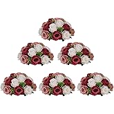 BLOSMON Artificial Rose Balls Centerpieces: 6pc 11.8 Inch Burgundy Blush White Fake Flower for Wedding Centerpieces - Faux Floral Arrangement Bouquet - Silk Kissing Ball Home Party Baby Shower Decor