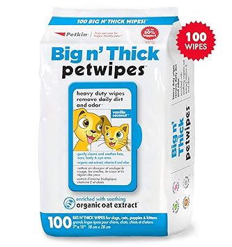Petkin Big n' Thick Pet Wipes/Grooming Wipes for Dogs and Cats, mild Fragrance, Gentle Cleansing Formula, 100 Wipes