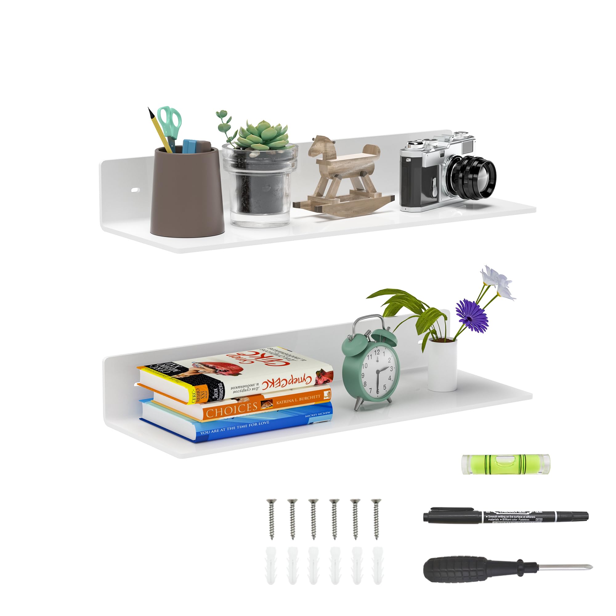 Sezanrpt 2 Pack White Acrylic Floating Shelves 15 Inches, Wall Hanging Bathroom Shelves, Wall Storage Shelf for Kitchen, Dining Room, Living Room, Bedroom, Bathroom, Retail, Supermarket