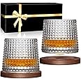 BOLESTA Whiskey Glasses Set of 2, Rotatable Tumbler Crystal Glass Cups, Drinking Glasses with 2Pcs Creative Walnut Coasters and Gift Box - for Scotch,Bourbon,Cocktails