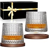 BOLESTA Whiskey Glasses Set of 2, Rotatable Tumbler Crystal Glass Cups, Drinking Glasses with 2Pcs Creative Walnut Coasters and Gift Box - for Scotch,Bourbon,Cocktails