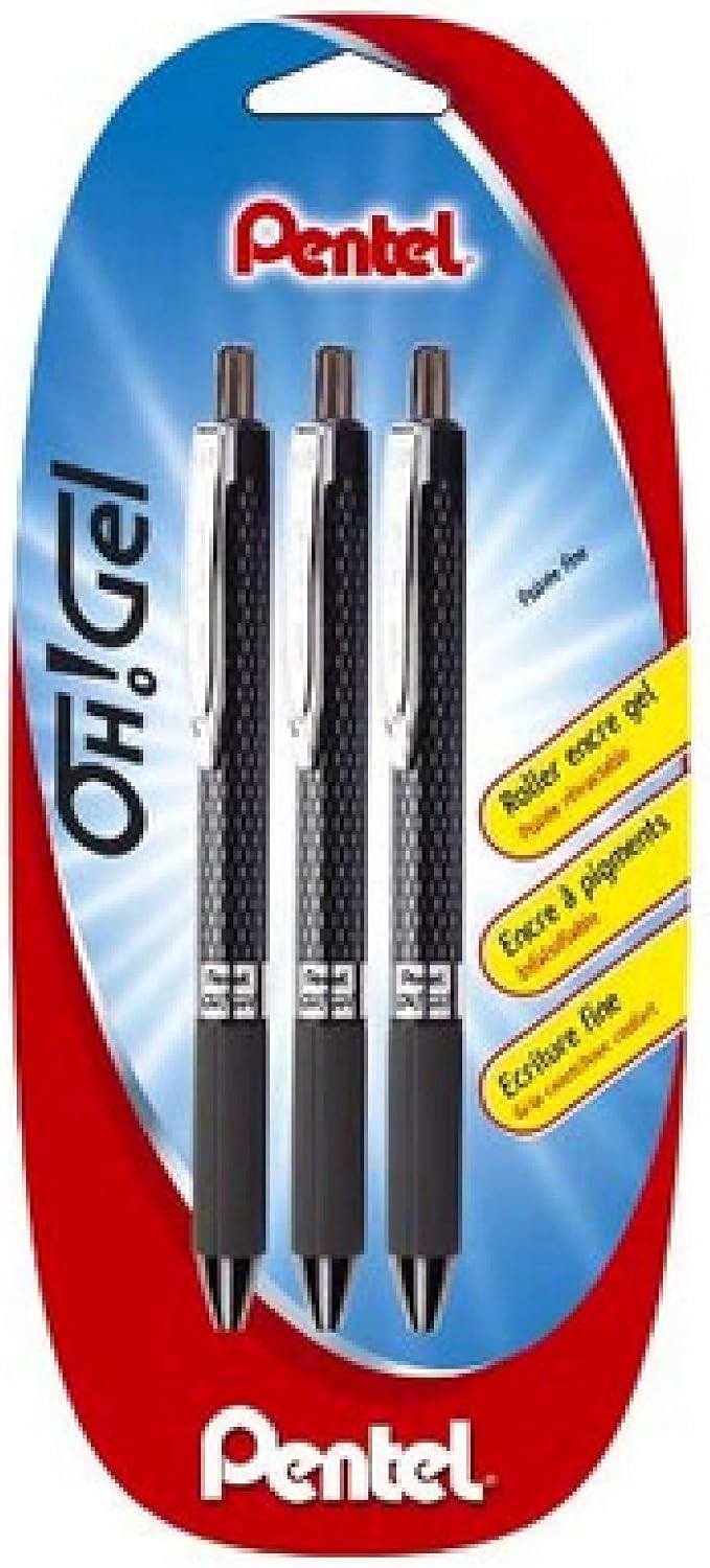 Pentel K497 Pack of 3 Rolling Ballpoint Pen with Gel Ink Retractable Black, 1 count (Pack of 3)