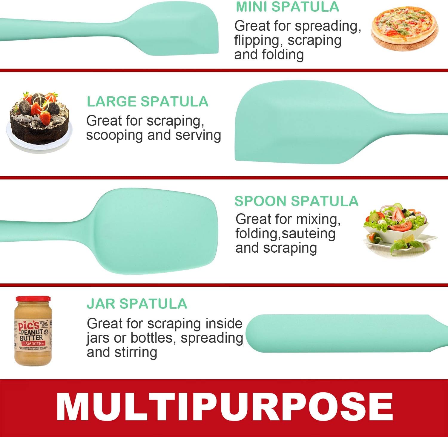 Silicone Spatula Set, G.a HOMEFAVOR Heat-Resistant Spatula - One Piece Seamless Design, Non-Stick Silicone with Reinforced Stainless Steel Core (6 Piece Set, Mint Green): Kitchen & Dining