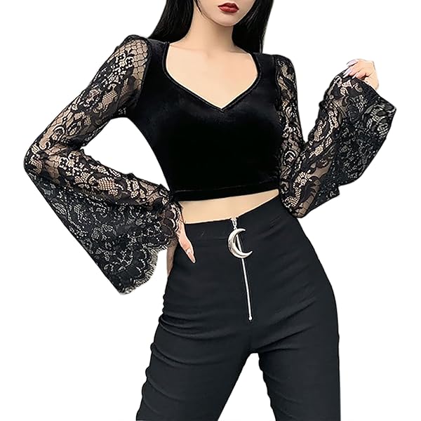 ANKOMINA Women's Sexy Vintage Gothic Lace Flare Sleeve T Shirt
