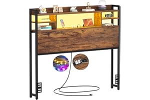 Aheaplus Headboard for Twin Size Bed with Storage, Headboards with LED Light, Power Outlets, USB Ports Twin Size Head Board, Wood headboard Only Sturdy and Stable Headboards, Rustic Brown