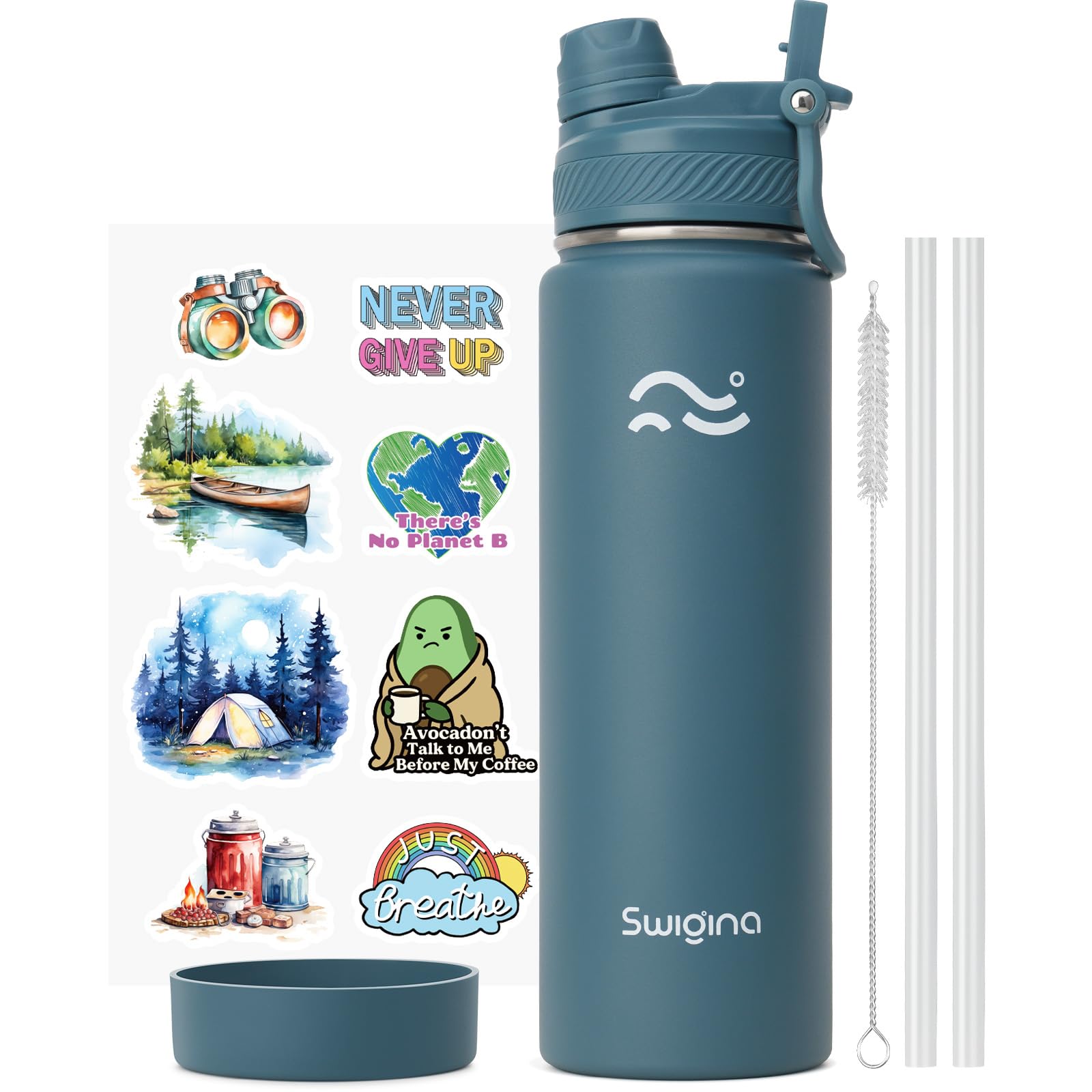 Photo 1 of Swigina [2-IN-1 LID] Insulated Water Bottle with Silicone Boot (36hrs Cold/18hrs Hot) - DIY Stickers, Leakproof, BPA Free, 24 oz