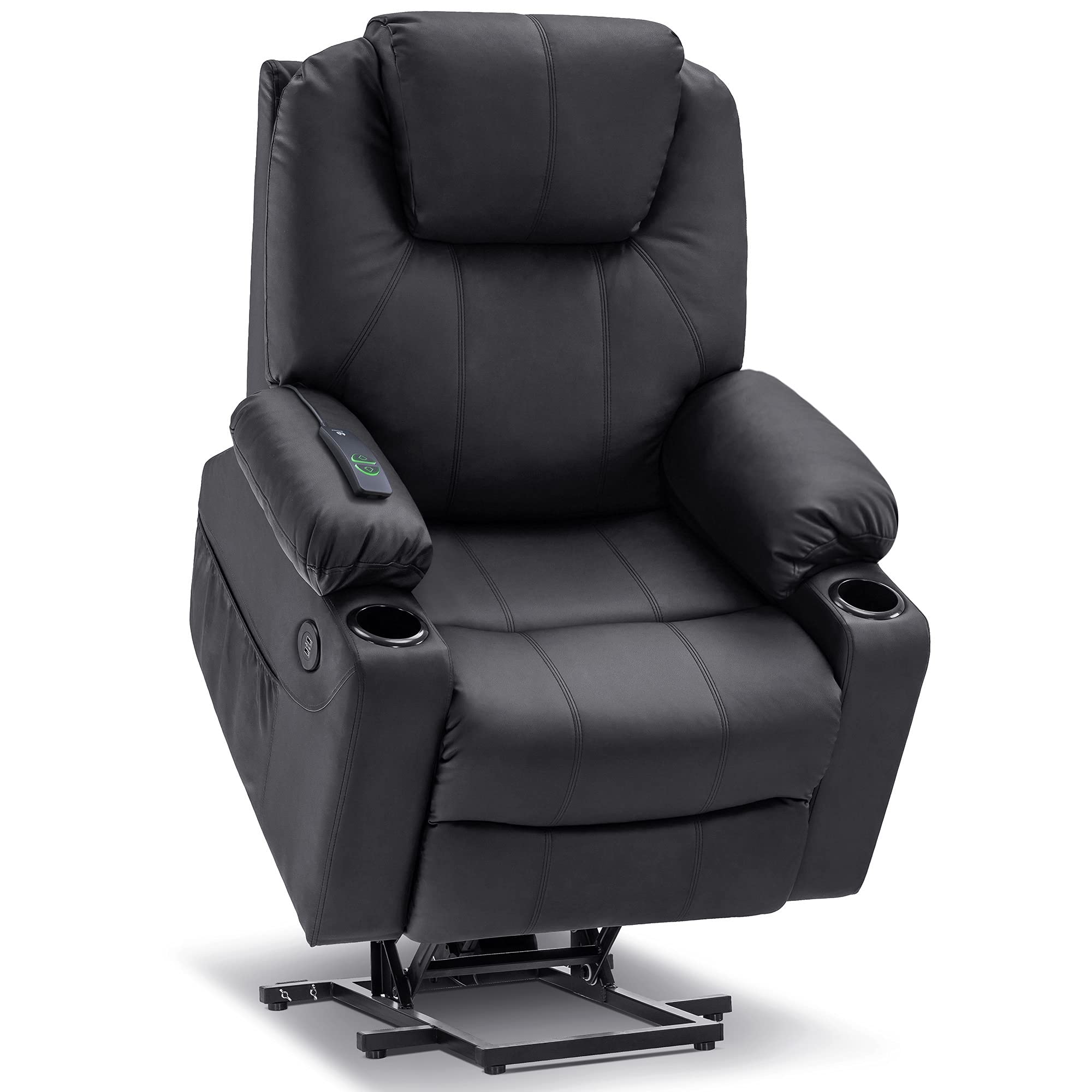 MCombo Electric Power Lift Recliner Chair Sofa with Massage and Heat for Elderly, 3 Positions, 2 Side Pockets, and Cup Holders, USB Ports, Faux Leather 7040 (Solid Black, Medium)