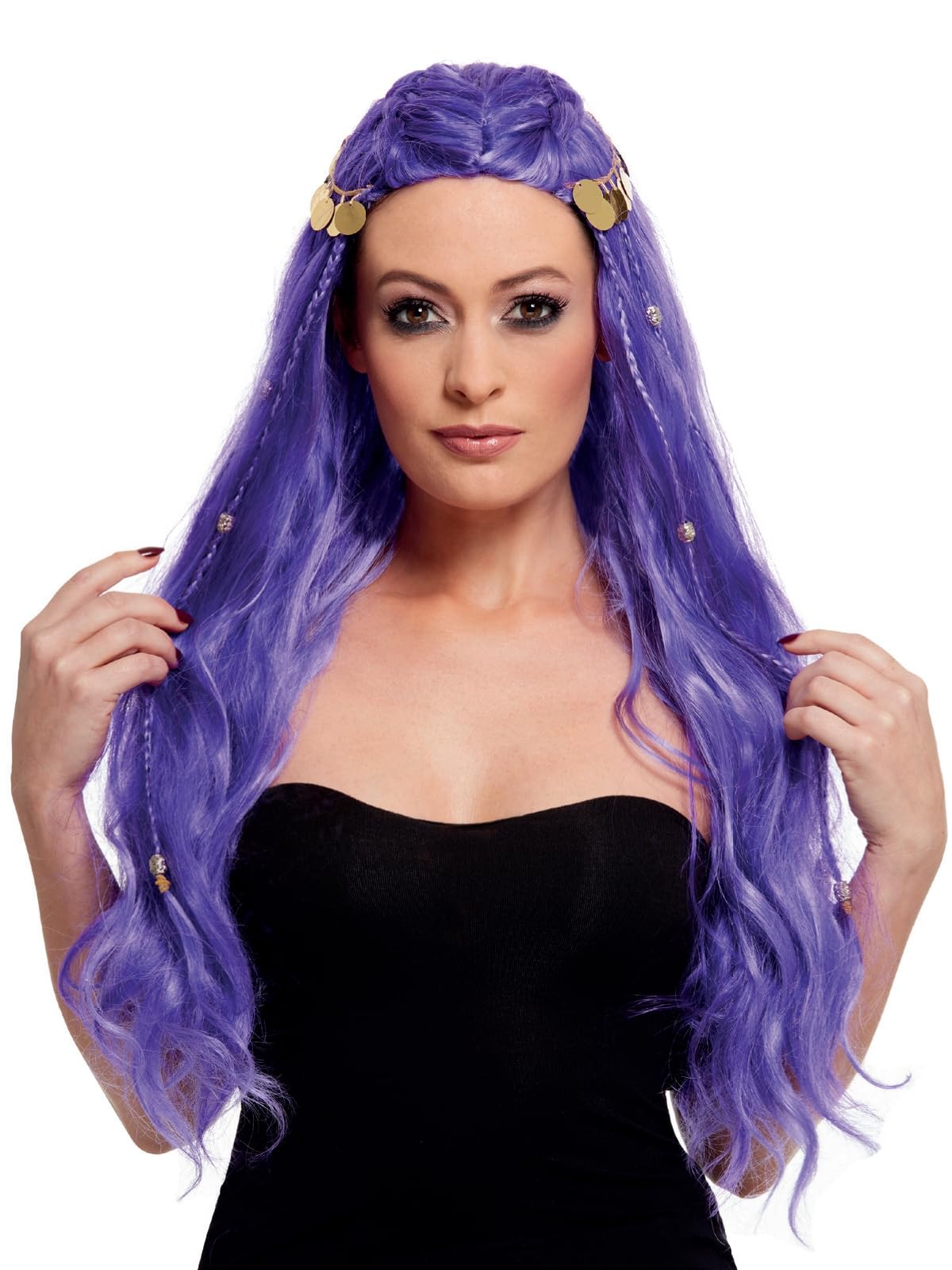 Smiffys Fortune Teller Wig, Purple with Coin Detail, Circus Fancy Dress, Halloween Dress Up Wigs