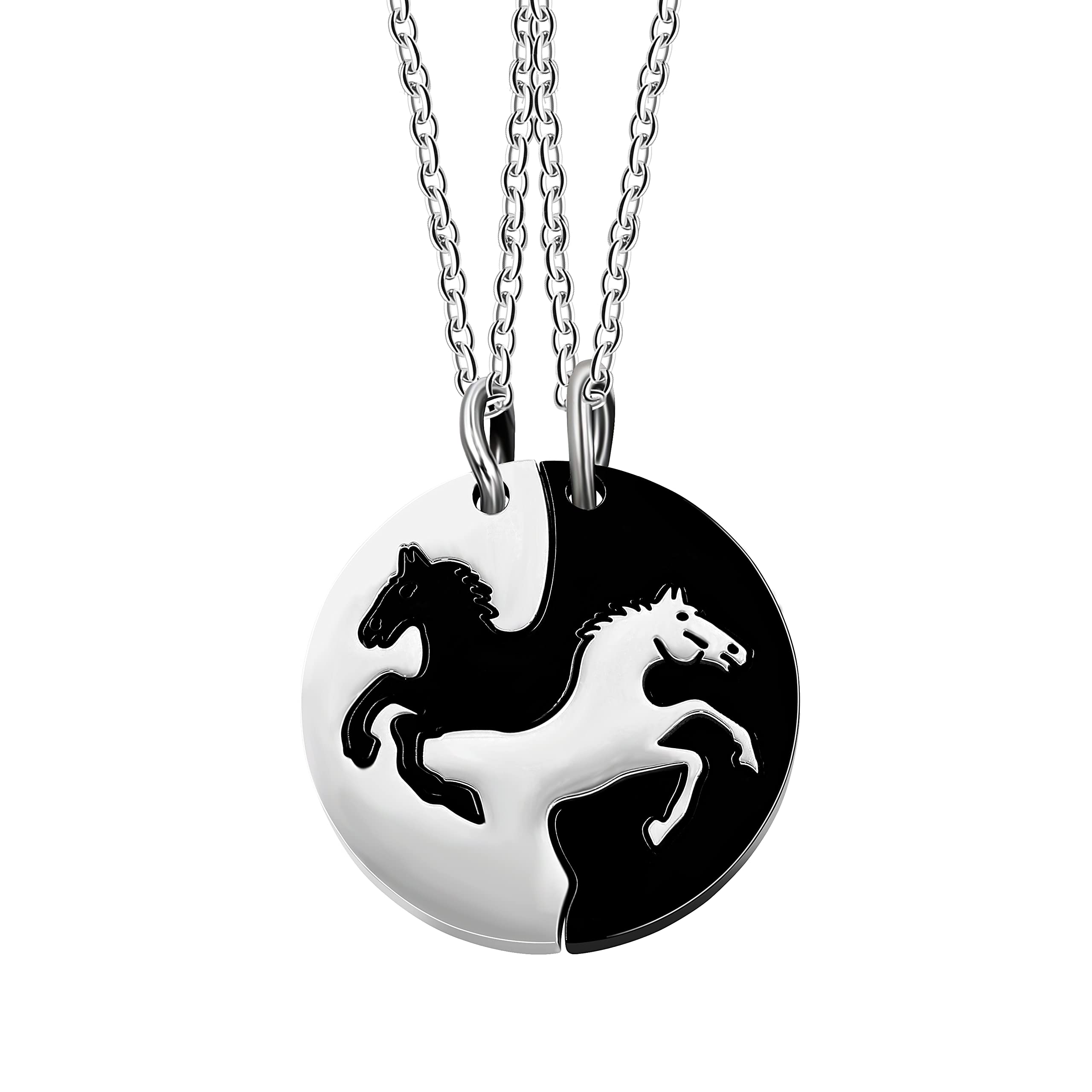 Uloveido Black White Yin Yang Horse Necklaces Set, 2 pcs Puzzle Matching Horse Pendant for Couples Him and Her (Black)