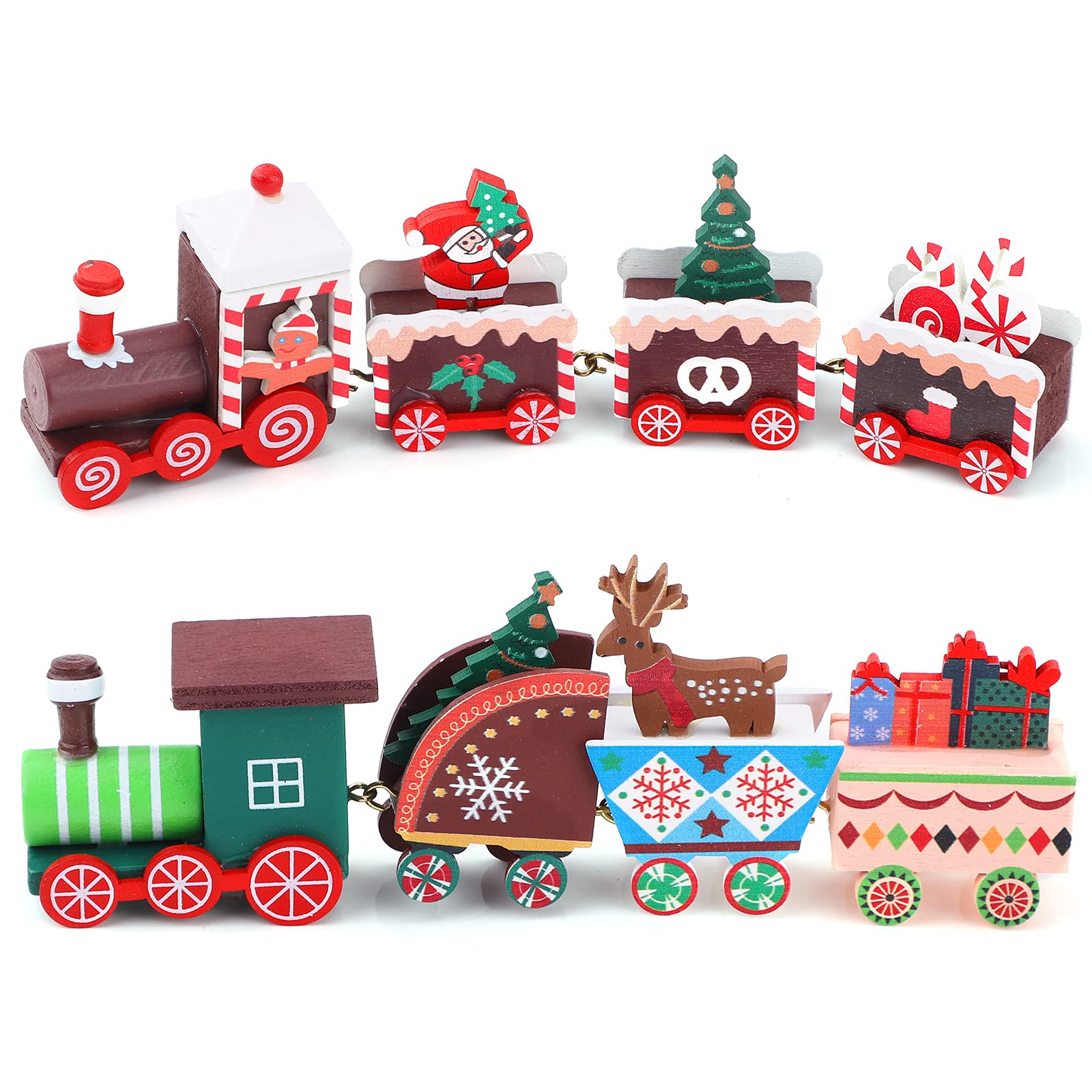 2 Pcs Mini Wood Train Set - Wooden Christmas Train Toy with 8 Carriages - Xmas Party Favors & Kids Gifts