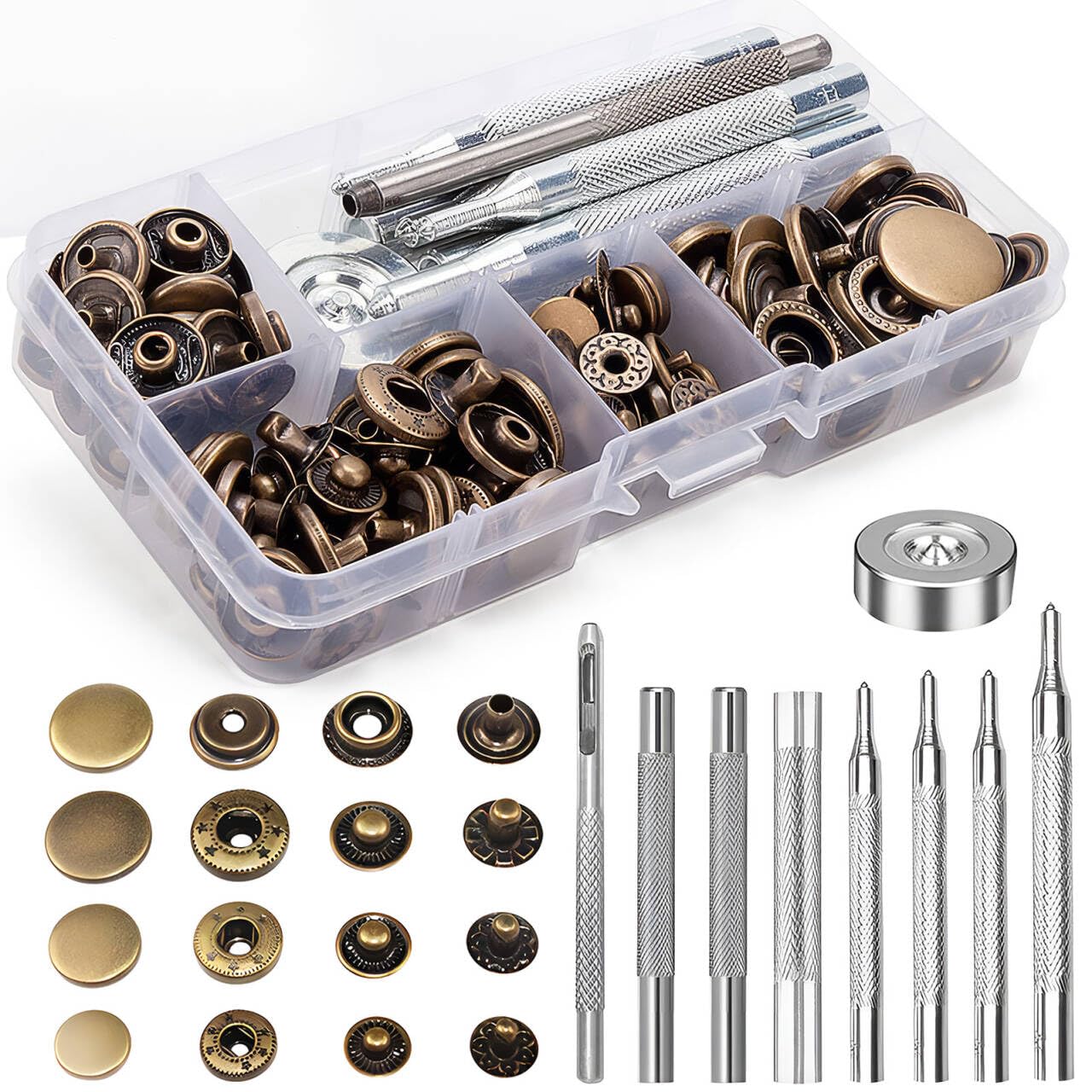 Leather Snap Fasteners Kit, OFONE 40 Sets Metal Button Snaps with 9 Setting Tools Canvas Screws Snap Repair Kit for Leather Crafts Jackets Clothes Shirts Jeans Wears Wallet Sewing