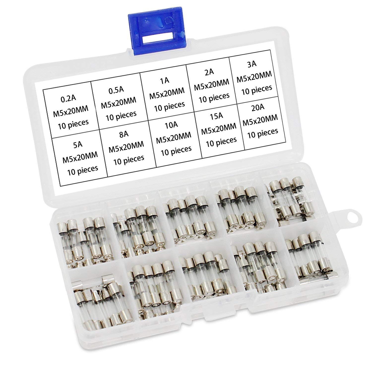 ALLNICE 100PCS M5x20MM Glass Tube Fuse Fast Glow Cartridge Fuse Assortment Kit 250V AMP 0.2A,0.5A, 1A, 2A, 3A, 5A，8A, 10A, 15A, 20A