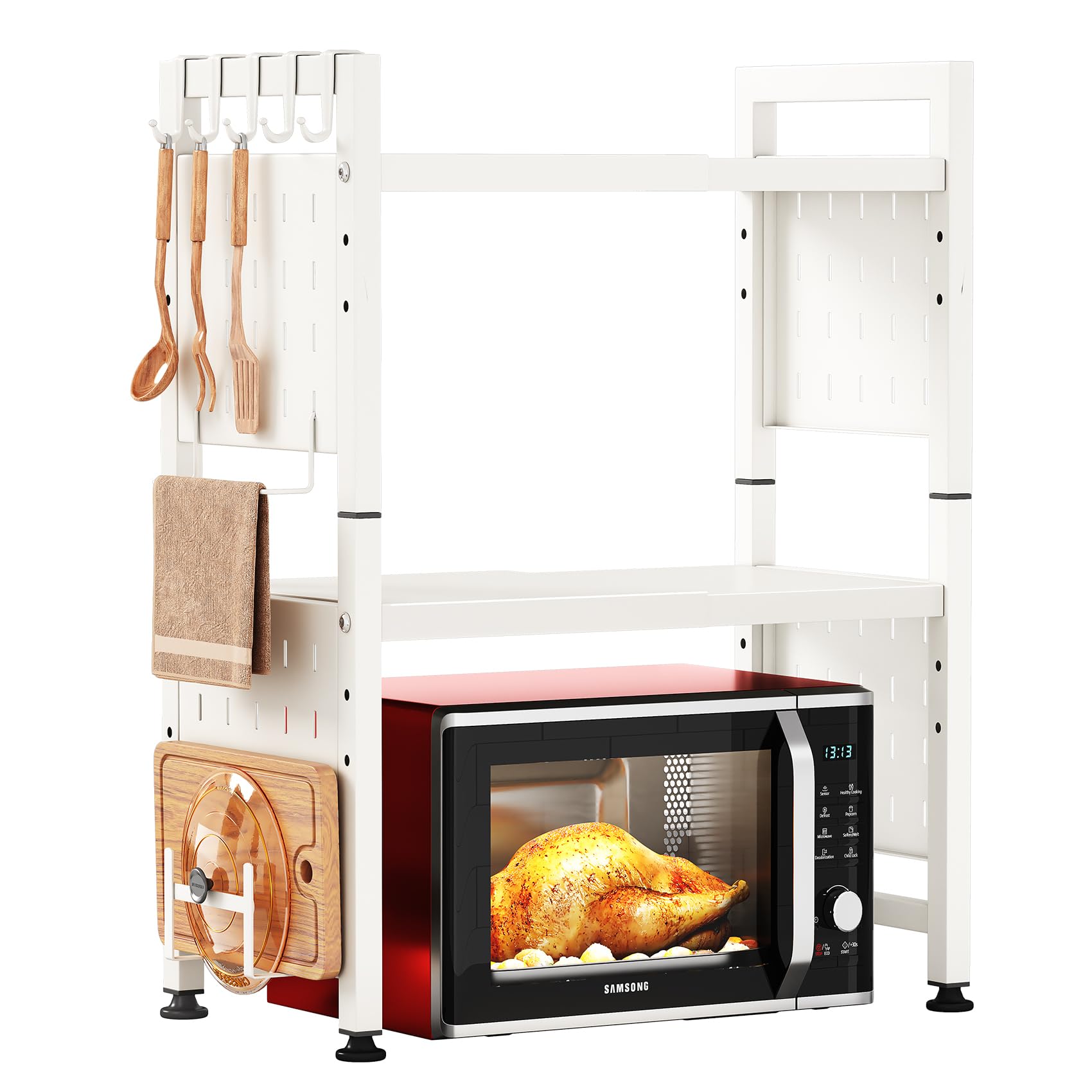 Photo 1 of ** MISSING PIECES *** Microwave Stand, 3-Tier Expandable(17.4"-27.4") Microwave Oven Rack, Heavy Duty Adjustable Shelf with 9 hooks, Kitchen Organizer Storage Shelves for Pantry, Countertop, Coffee Bar, Office, Dorm, White       