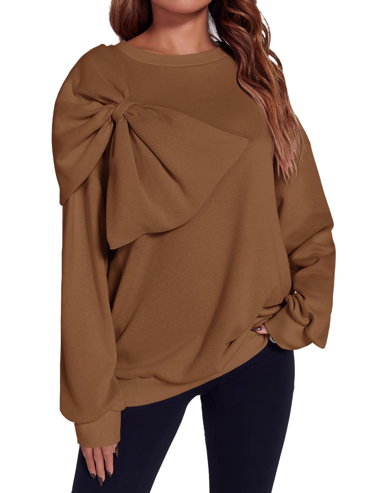 Photo 1 of ** DAMAGE MINOR** Fisoew Womens Oversized Sweatshirt Bow Tie Long Sleeve Crewneck Casual Fall Pullover Tops Brown size L
