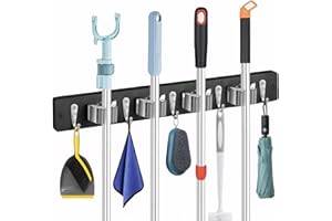 MG RACK YF Mop and Broom Holder Wall Mount-Rustic Wood Broom Hanger Wall Mount | Laundry Room Organization and Storage Broom Organizer Wall Mount-Kitchen Decor Modern Farmhouse Wall Decor (Black-4slots/5hooks)