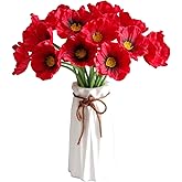 Mandy's PU Red Poppy Artificial Flowers 10 Stems 11.6" Realistic Faux Flowers for Thanksgiving and Christmas Decorations Wedding Centerpiece Home Decor DIY Arrangements