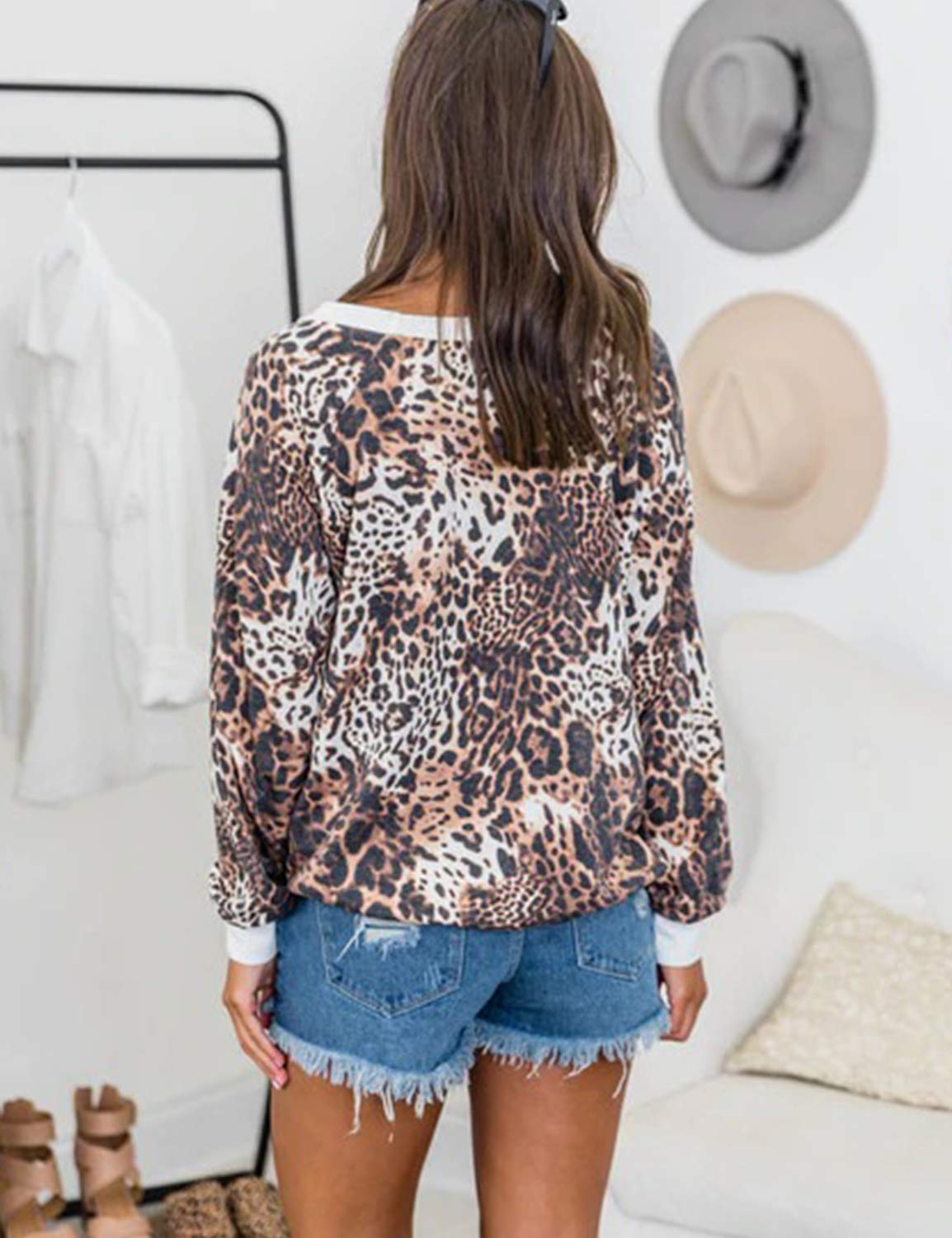 Ratilove Womens Casual Cute Fall Long Sleeve Shirt Top Crewneck Leopard Sweatshirts for Women