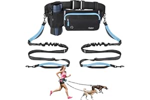Tivray Hands Free Dog Leash 2 Dogs, Adjustable Waist Leash for Dog Walking with Dual Bungees Padded Handle, Shock Absorbing Hands Free for Small Medium-Sized Dogs Outdoor Activities, Black+Blue