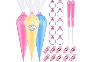 GZMAISULEE 122PCS Tipless Piping Bags Disposable Pastry Bag 12 Inch 100PCS Icing Bags, 10 PCS Frosting Bag Clips, 2 Scriber N