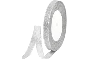 Quhora 3/8" X 25 Yards Silver Glitter Ribbon, Sparkly Metallic Fabric Ribbon for Crafts, Gift Wrapping, Wedding, Christmas Decoration
