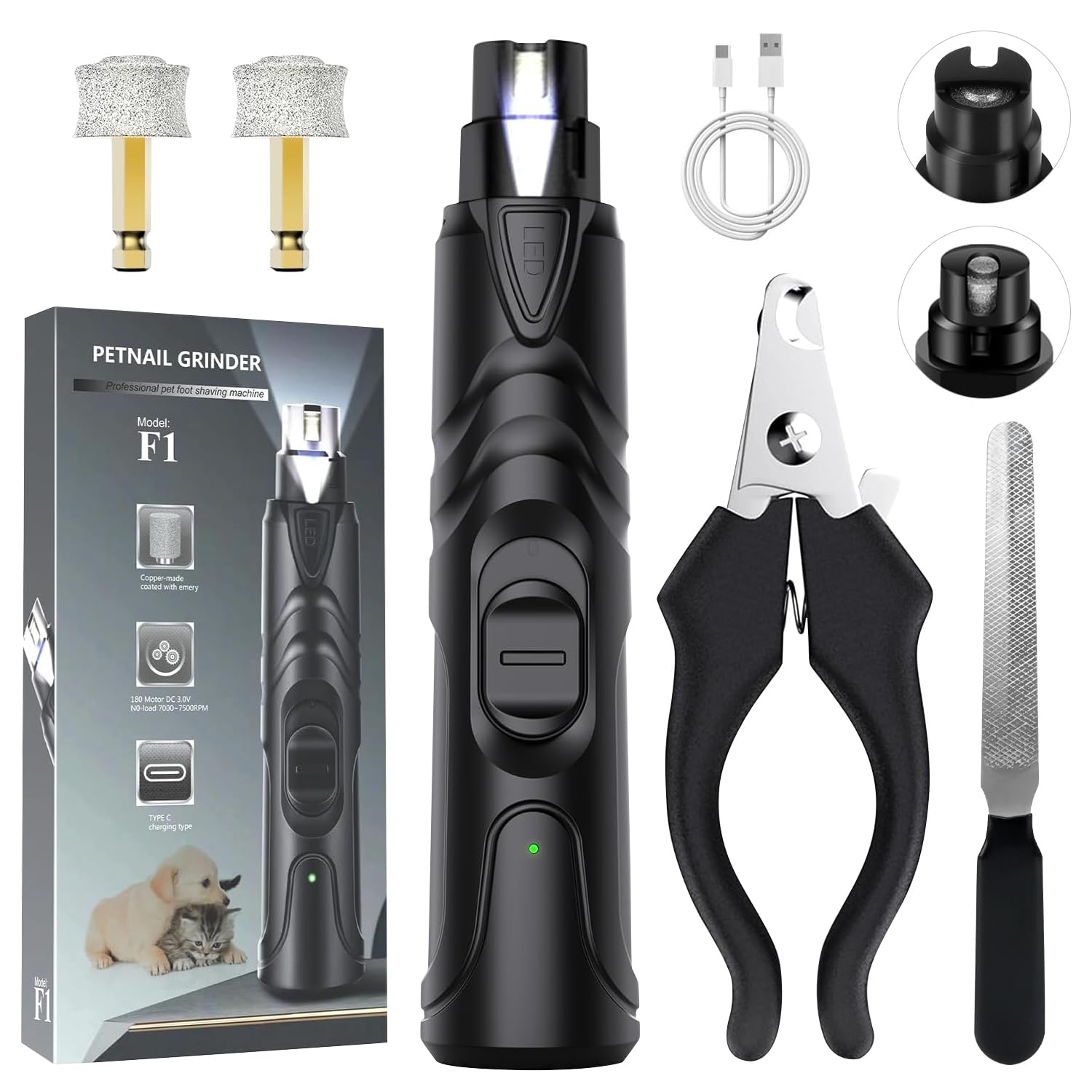 OWill Dog Nail Grinders with Nail Clippers,Professional Dog Claw Grinder Electric Dog Nail Trimmer with LED Light,Rechargeable Nail Clippers Silent for Large Medium Small Dogs