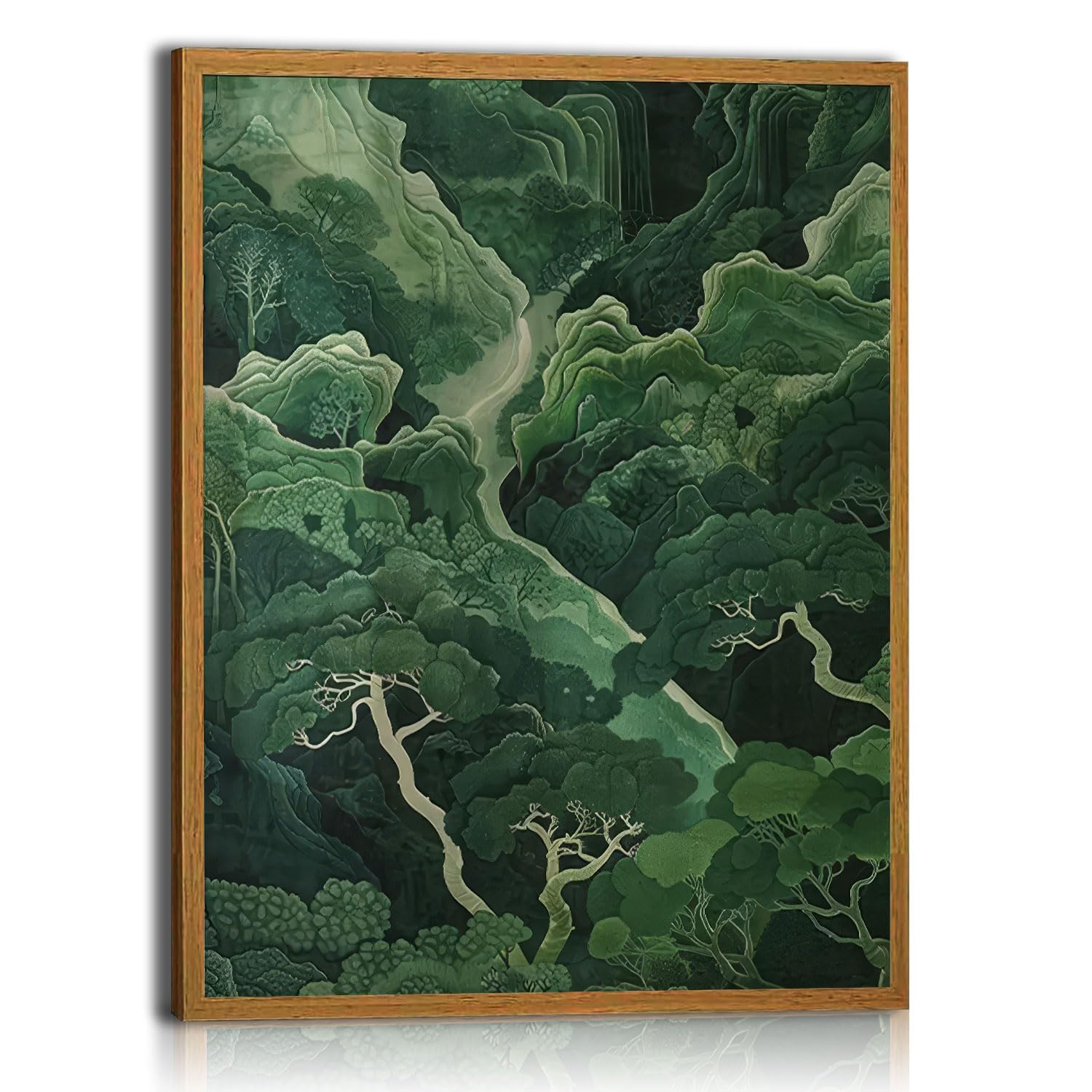 Photo 1 of Framed Canvas Painting Wall Art Oriental Forest Landscape Print Poster Green Nature Gallery Picture Home Decor Canvas Landscape Painting Poster 12x16 Inch Ready To Hang