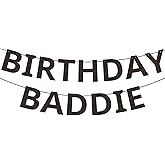 Birthday Baddie Banner, Pre-Strung Black Glitter Banner Funny Party Decoration for Women and Men Birthday Party Supplies